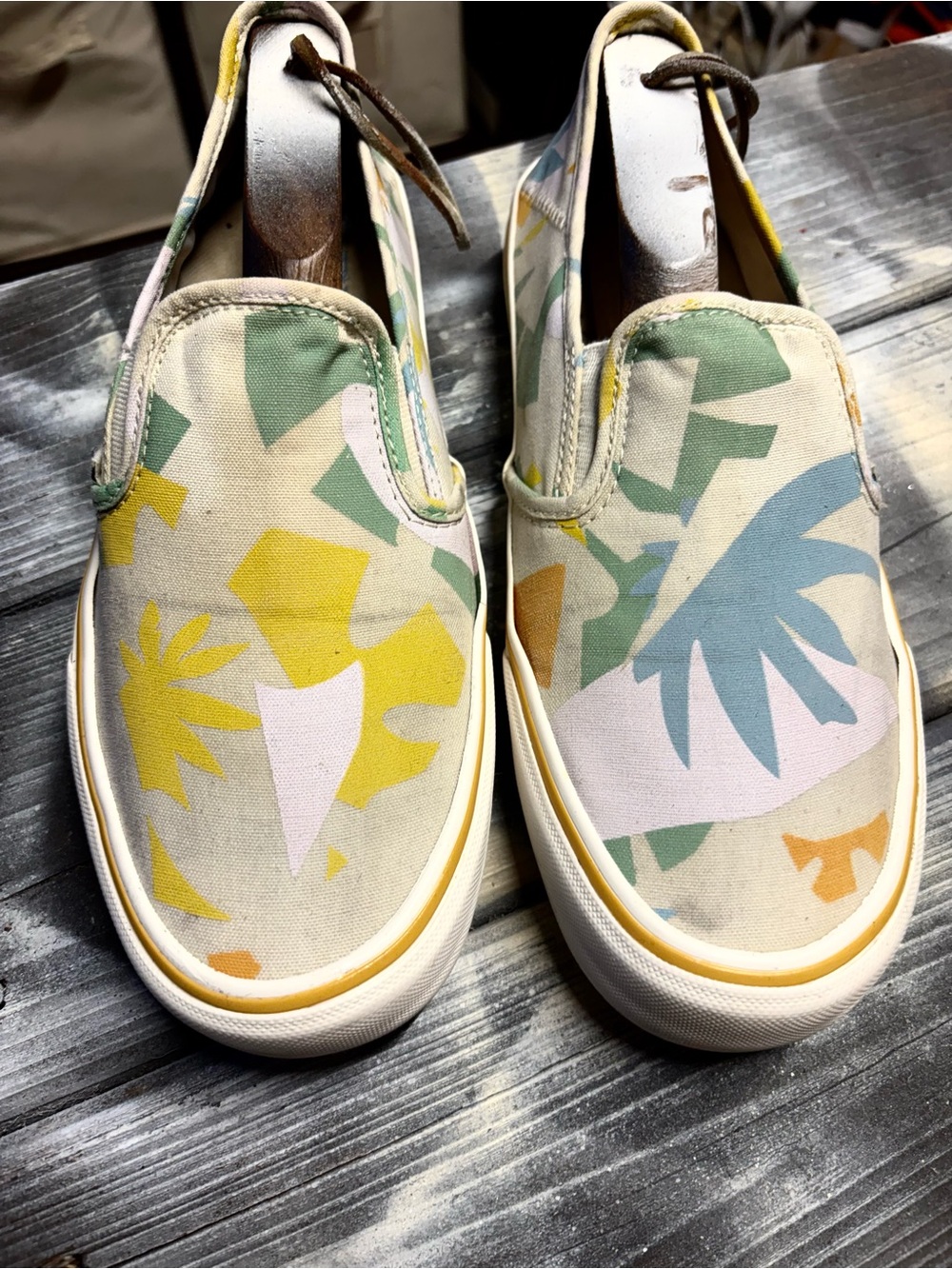Custom Vans sneakers wiabstract leaf-like shapes in yellow, green, Women’s 10